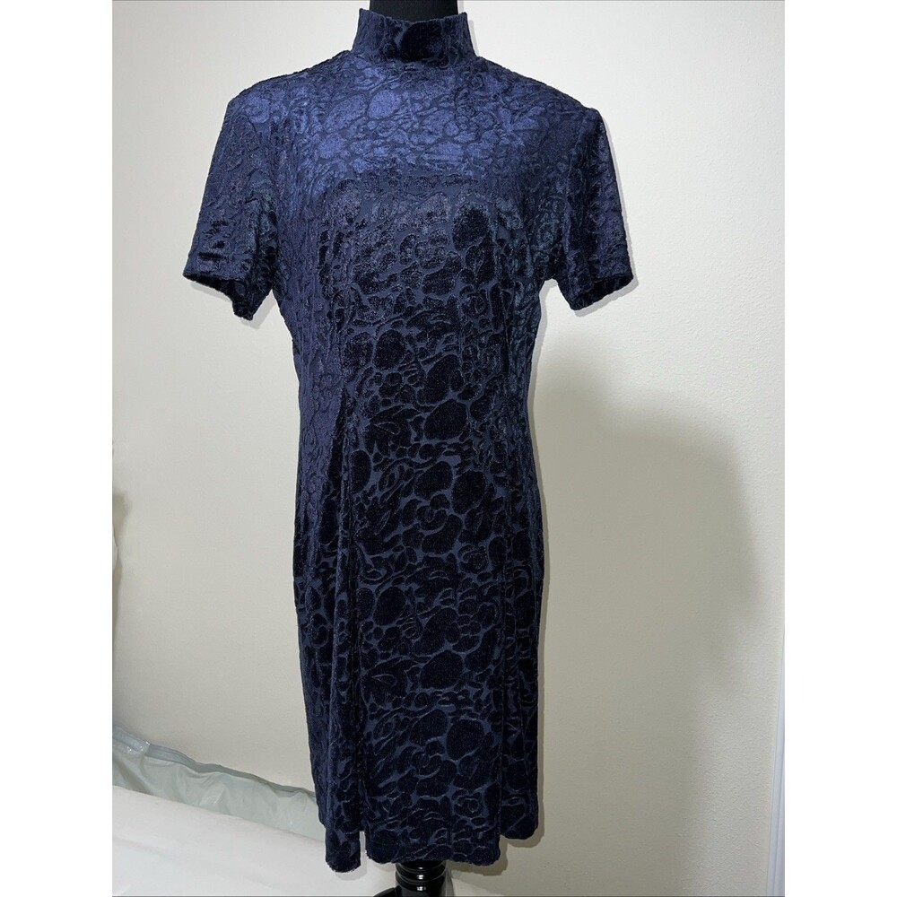 K.C. Spencer Dress Burnt Velvet Velour Textured Blue Short Sleeve Size 14 Floral